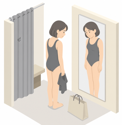 試着室の鏡を見て落ち込む女性